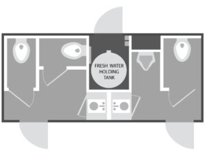 A black and white floor plan of a restroom trailer interior. The layout shows both halves of the trailer, with one side containing two toilets and a sink, and the other side having a toilet, sink, and urinal.