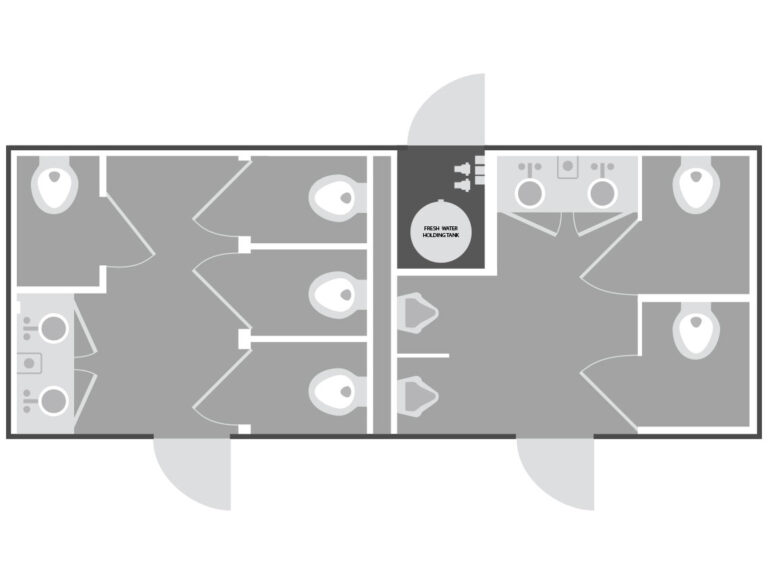 A black and white floor plan of a restroom trailer interior. The layout shows multiple toilets, sinks, and urinals.
